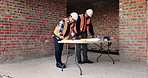 Planning, team or people with blueprint for construction, talk or infrastructure reinforcement idea. Review, renovation project or men with schematic for building remodel, chat or foundation upgrade