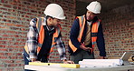 Planning, team or architect with blueprint for construction, discussion or idea for site integration. Review, property development or men with schematic for infrastructure update, talk or engineering
