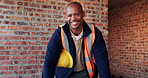 Construction, face or black man on worksite with hard hat, about us or ambition as industrial worker. Smile, ppe or engineer with portrait, confidence or career growth in architecture industry.