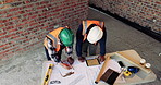 Speaking, team or architect with document at construction site, property guidelines or remodel project. Review, above or people with clipboard for building codes info, writing or planning renovation