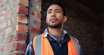Helmet, thinking or man with stress at construction site, building deadline or tired for labor pressure. Vision, fatigue or builder with frustration for safety anxiety, burnout or development delay