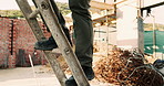 Legs, construction worker and walking on ladder for building development, maintenance or renovation. Person, safety shoes and climb at site for infrastructure, builder and industrial inspection