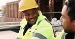 Lunch, construction or men with conversation on break, funny story or relax together at building site. Happy friends, engineers and eating outdoor for rest, development and hungry people with joke