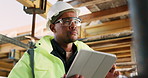 Architect, thinking or black man with tablet on construction site for building inspection. Thoughtful, male person or contractor with technology or hard hat for architecture, safety check or security