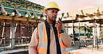 Architect, radio or black man on construction site for building inspection, security or safety. Male person, contractor or civil engineer talking with speaker or hard hat for architecture development