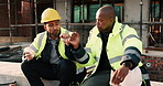 Lunch, construction and men with fist bump at site, conversation and development with work break. Team, engineers and eating sandwich outdoor for rest, talk or hungry friends with thank you gesture