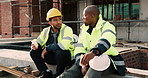 Lunch, construction and men talking on break, conversation and development at architecture site. Team, engineers and eating sandwich outdoor for rest, relax and hungry people with building discussion