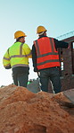 Discussion, team or people with inspection at construction site, infrastructure planning or below. Property evaluation, space or architect with pointing for building check, back or renovation idea