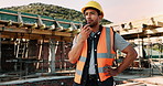 Architect, radio or asian man on construction site for building inspection, security or safety. Male person, contractor or civil engineer talking with speaker or hard hat for architecture development