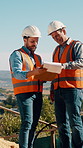 Paperwork, team or people with inspection at construction site, infrastructure checklist or talk. Property evaluation, manager or architect with clipboard for building assessment, planning or review