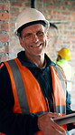 Tablet, engineer and face of mature man on construction site with communication, laugh or foreman. Technology, online and internet for building update, contractor contact and project management app