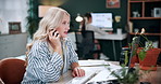 Receptionist, phone call and woman with laptop for conversation, confirm schedule or update agenda. Business, coworking and talk on tech for information, discussion or planning meeting in agency