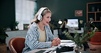 Headphones, video call and businesswoman in office with communication, feedback or online meeting. Waving, audio tech and magazine editor on virtual discussion for publishing review in workplace.