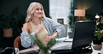 Dance, woman and celebration on laptop in office for ad performance, campaign success and bonus. Coworking, happy person or tech with rhythm for pitch approval, marketing incentive or salary increase