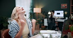 Excited, woman or success with laptop in office for campaign bonus, career milestone or applause. Coworking, person and tech with fist pump for marketing incentive, brand performance and celebration