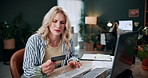 Frustrated, woman and laptop with credit card for bankruptcy, decline or debt in home. Female person, user or upset shopper with debit on computer for banking rejection or financial crisis in house