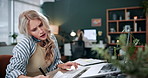 Phone call, crisis and business woman with document for conversation, schedule issue or update agenda. Overworked, stress and person with laptop for rush, planning meeting or frustrated in agency