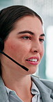 Call center, talking and business woman with finance advice, investment options and contact us. Office, financial advisor and person with headset for customer support, online consulting and help
