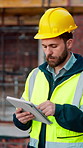 Engineer, man and scroll on construction site with tablet, review building design and online research. Engineering, person and check remodeling project outdoor with tech, risk assessment or planning.