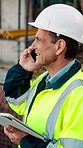 Construction, feedback or engineer outdoor with phone call, task brief or inspection update in chat. Smile, man or mature contractor with tablet, site report or communication in project coordination.