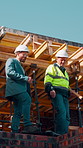 Construction, team and discussion for inspection, project feedback or building infrastructure. Engineer, planning or walk outdoor for architecture review, low angle or property development on site