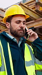 Construction, review or man outdoor with phone call, task instruction or inspection update in chat. Contact, discussion or engineer with tech, progress report or site coordination in communication.