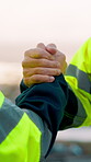 Engineer, team and handshake for construction with collaboration, renovation or plan. Contractor, civil engineering or men in partnership for real estate, project management or onboarding outdoor