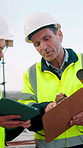 People, engineer and clipboard with tablet outdoor for inspection, safety report and construction. Men, discussion or digital for online floor plan, quality control checklist and building development
