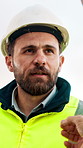 Construction, hardhat and talking with man outdoor for instructions, meeting or project management. Conversation, helmet and property development with person on building site for architecture update