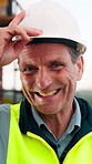 Face, man and architect with helmet for construction, inspection and building development. Portrait, mature person or hard hat for quality control, urban infrastructure and expansion for architecture
