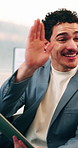 Tablet, high five and businessman in office with good news, winning or stock market profit. Digital technology, excited and male financial manager with celebration for investment growth in workplace
