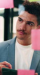 Tablet, planning or man with glass wall in agency, creative project or idea for campaign development. Tech, brand research or marketer with board for brainstorming, schedule review or ads objective