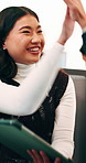 Happy, woman and high five in office with tablet, web design success and collaboration for project. Person, team or digital designer talk in business with tech, celebration or site development goals.