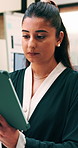 Creative, online and woman with tablet in business, thinking and planning for ad campaign on website. Brand specialist, reflection and person with tech for assignment, ideas and digital marketing