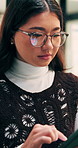 Reading, glasses or woman with tablet in agency, newsletter stats or data analysis for email marketing. Review, scroll or Asian person with tech for link interaction charts, audience info or specs