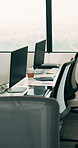 Empty, coworking office and corporate workspace for insurance company, finance firm and desks. Computer, chairs and window setup at agency for wealth management, workstation and debt consolidation