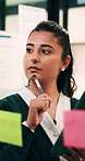 Tablet, thinking or woman with glass wall in agency, creative project or idea for campaign development. Tech, audience research or marketer with board for planning, problem solving or ads objective