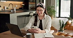 Phone, laptop and businesswoman in home with remote work for email on finance report with notebook. Computer, freelancer and Asian financial advisor with app on cellphone for investment in house.