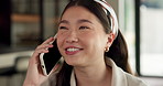 Asian woman, smile and phone call in house, remote work and talk to client for advertising deal. Mobile, freelancer and marketer in home, campaign feedback and negotiation for social media marketing
