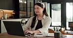 Credit card, laptop and woman in home with online shopping, ecommerce or website for payment. Computer, debit and Asian female person with internet banking for finance transaction in apartment.