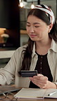 Reading, credit card and Asian woman with laptop in home, banking app and utility bills for payment. Typing, ecommerce and person with pc for digital transaction, invoice settlement and online order