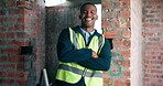 Construction, face or man on worksite with arms crossed, positive attitude or pride as industrial worker. Happy, brick wall or engineer with portrait, about us or confidence in architecture industry.