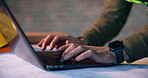 Architect, online and hands with laptop on construction site, info and plan for property development. Civil engineering, research and person with tech, typing and architecture design with blueprint