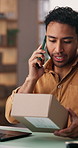 Logistics, man and phone call with box in startup for shipping enquiry, order update or export. Laptop, small business owner and mobile chat for package delivery, verify address and rate negotiation