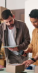 Logistics, scanner and men with tablet in office, teamwork or planning for stock distribution on web. Startup, collaboration and happy people with tech for inventory, shipping and order verification