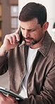 Office, small business and man with tablet for phone call, dropshipping and delivery schedule. Conversation, ecommerce and person on digital tech for online order, inventory management and logistics