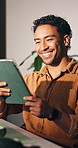 Office, small business and man with tablet for funny joke, dropshipping and delivery schedule. Social media, break and person on digital tech for online order, inventory management and logistics