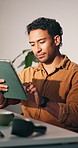 Office, small business and man with tablet for supply chain, dropshipping and delivery schedule. Typing, ecommerce and person on digital tech for online order, inventory management and logistics