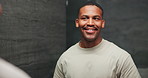 Check, happy and black man with mirror in bathroom for skincare, grooming and morning routine. Smile, reflection and person with beard care, wellness and health for growth, results and beauty in home