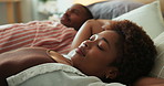 Selfie, happy and face of couple on bed for memory, bonding or social media post for anniversary. Smile, portrait and black man with woman for photography picture in hotel for connection in marriage.